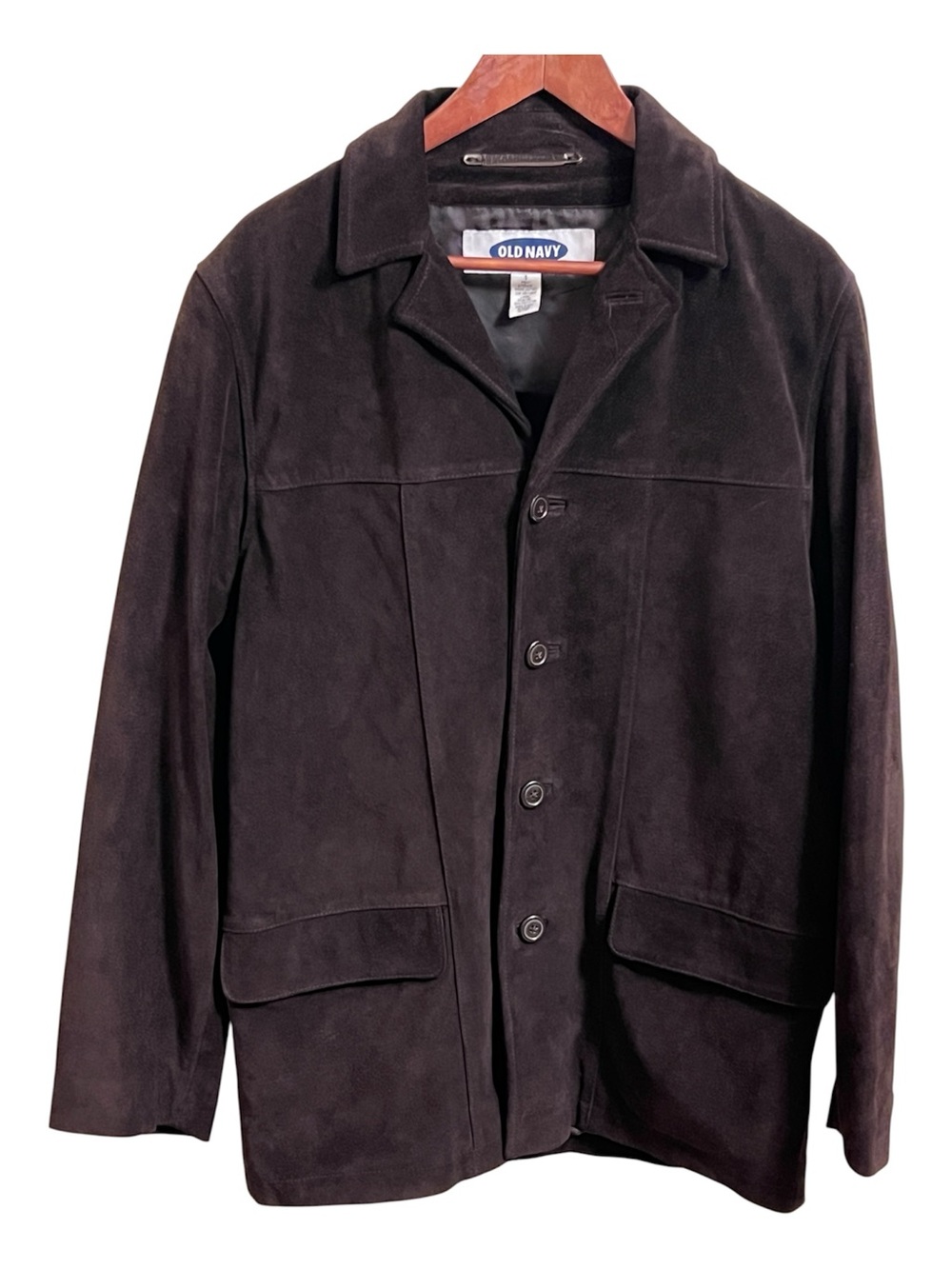 Vintage Old Navy Y2K Men's Dark Brown Suede Leather Car Coat Small Like New